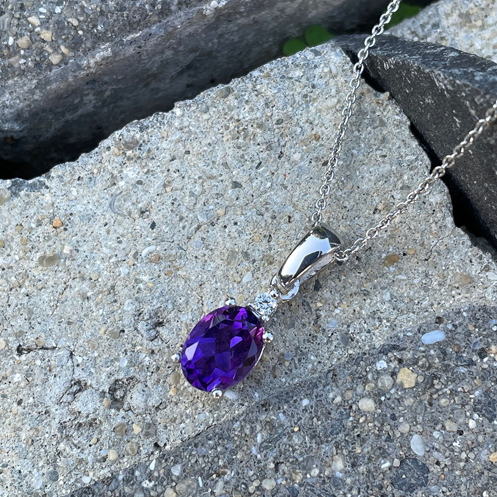 White Gold Oval Cut Amethyst and Diamond Highlight Pendant