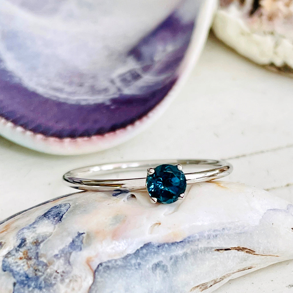 White Gold Raised Four Claw London Blue Topaz Stacking Ring