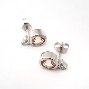 White Gold Round Cut Morganite Earrings with Diamond Trilogy Accent