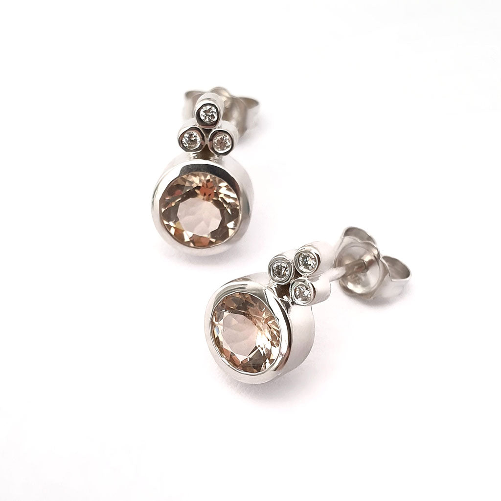 White Gold Round Cut Morganite Earrings with Diamond Trilogy Accent