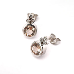 White Gold Round Cut Morganite Earrings with Diamond Trilogy Accent