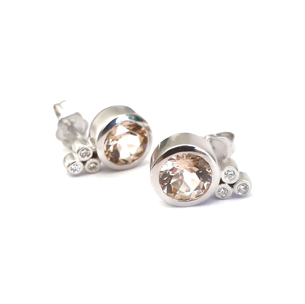 White Gold Round Cut Morganite Earrings with Diamond Trilogy Accent