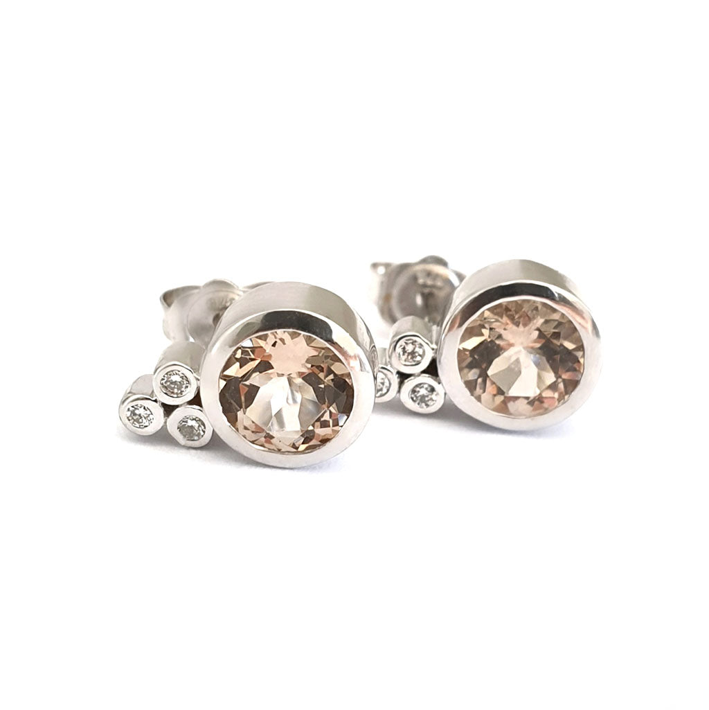 White Gold Round Cut Morganite Earrings with Diamond Trilogy Accent