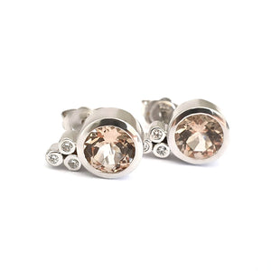 White Gold Round Cut Morganite Earrings with Diamond Trilogy Accent