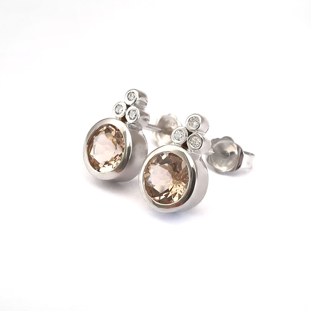 White Gold Round Cut Morganite Earrings with Diamond Trilogy Accent