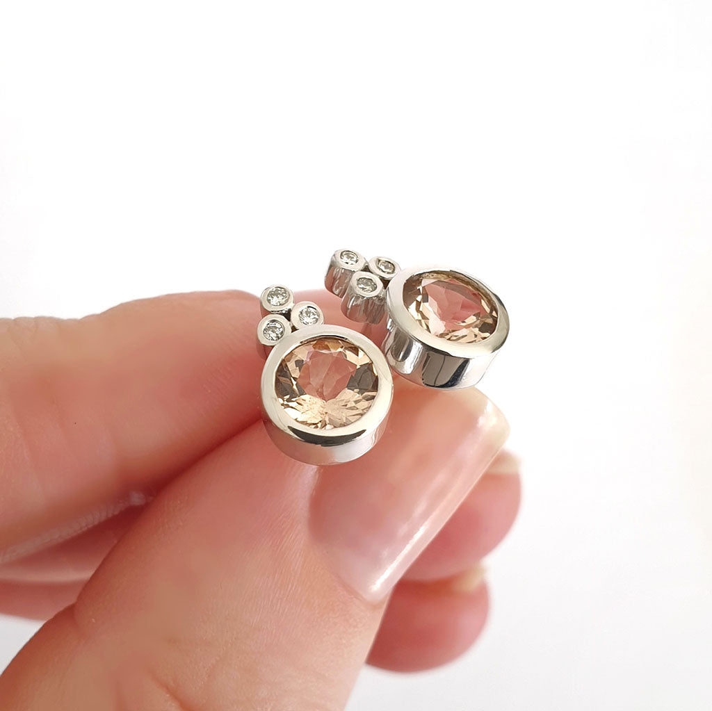 White Gold Round Cut Morganite Earrings with Diamond Trilogy Accent