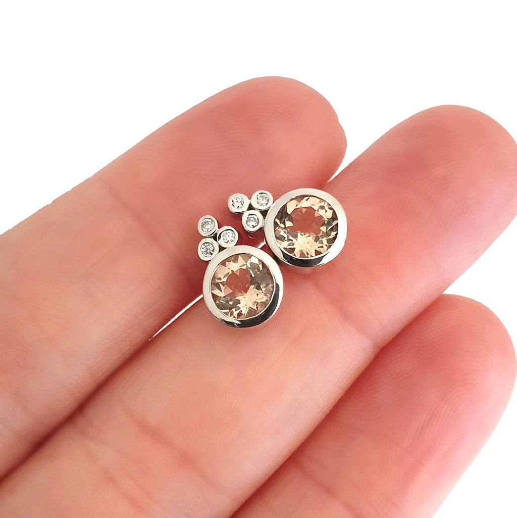 White Gold Round Cut Morganite Earrings with Diamond Trilogy Accent