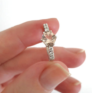 White Gold, Round Cut Morganite Ring with Six Diamond Accent