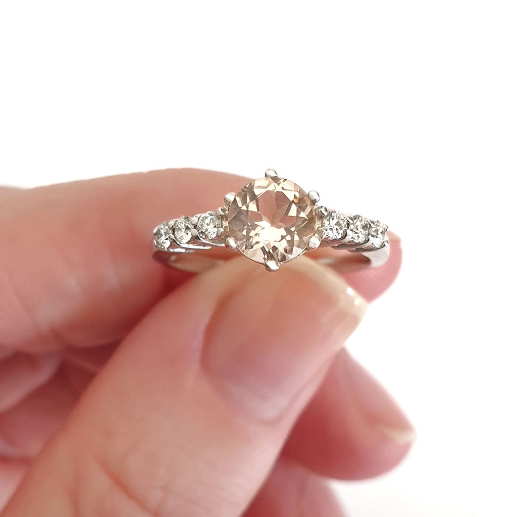 White Gold, Round Cut Morganite Ring with Six Diamond Accent