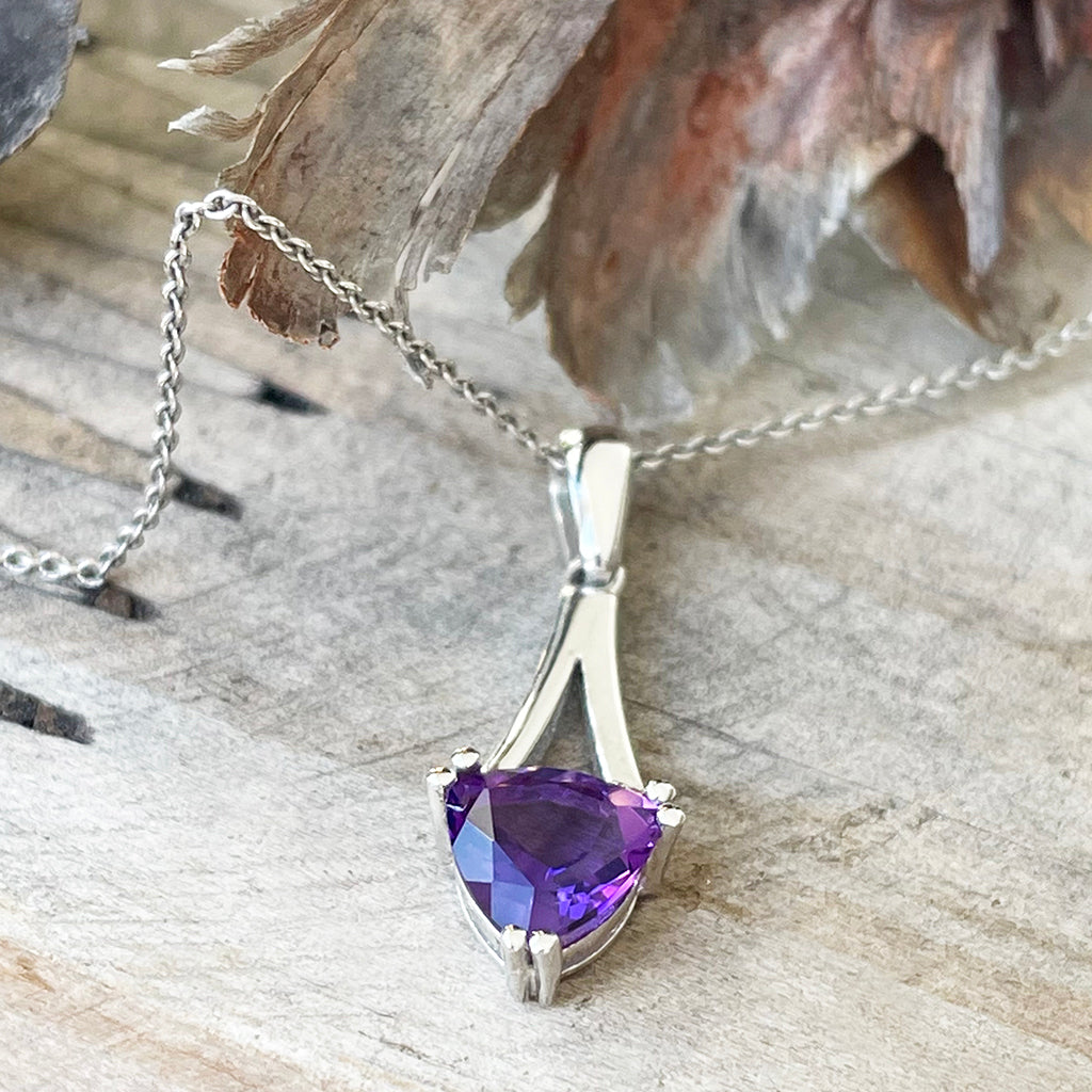 White Gold Trilliant Cut Amethyst with Diamond Accent Pendant