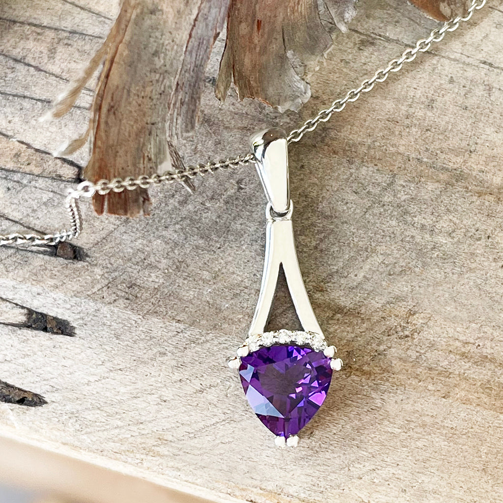 White Gold Trilliant Cut Amethyst with Diamond Accent Pendant