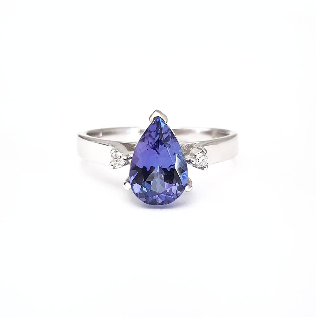 Wide White Gold Band, Pear Cut Tanzanite with Petite Diamond Accents Ring