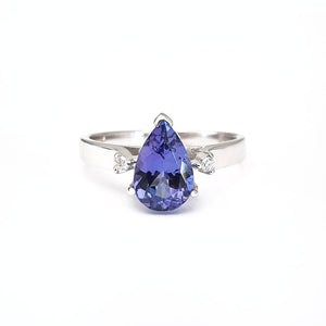 Wide White Gold Band, Pear Cut Tanzanite with Petite Diamond Accents Ring
