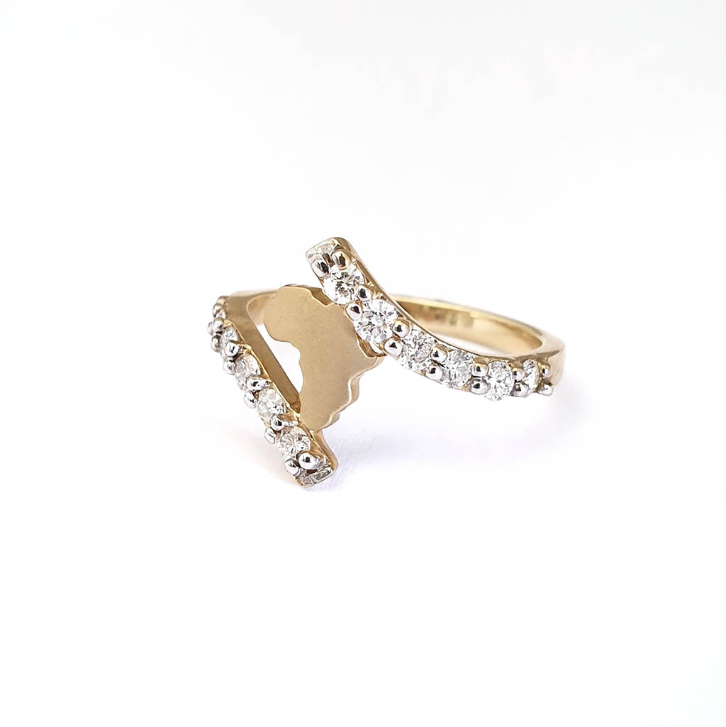 Yellow Gold Africa Map with Split Band Diamond Accent Ring