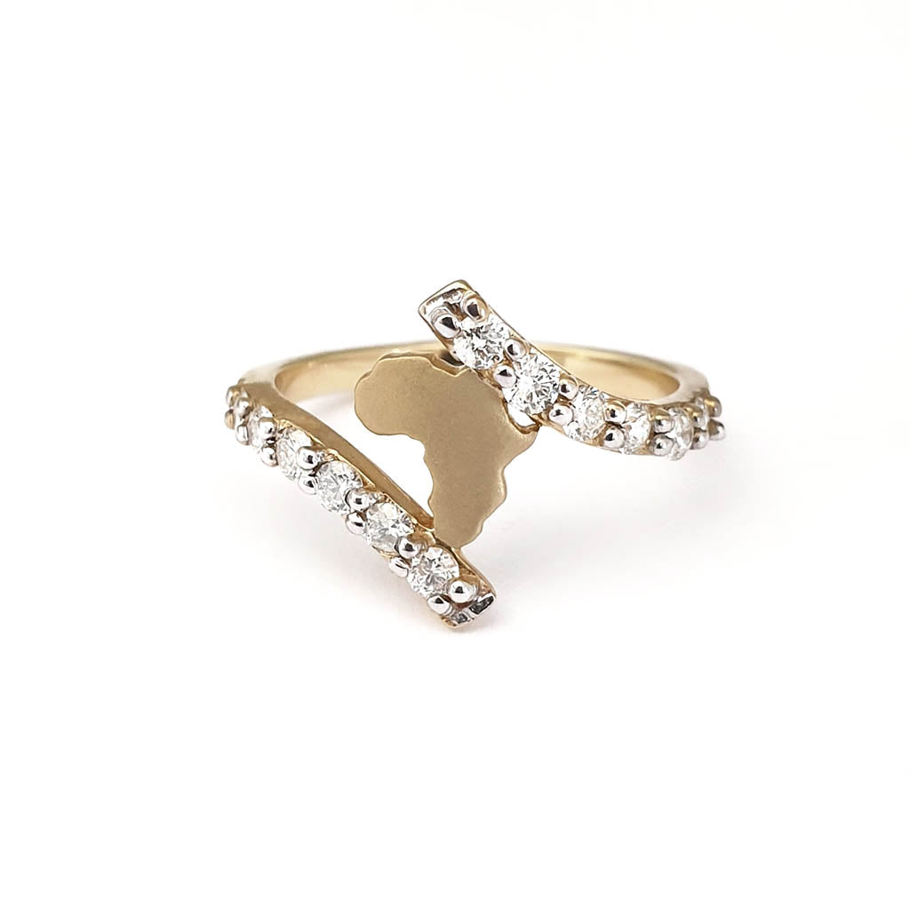 Yellow Gold Africa Map with Split Band Diamond Accent Ring