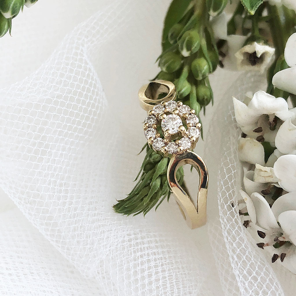 Yellow Gold Diamond Flower Cluster Engagement Ring With Diamond Accented Wedding Band Set