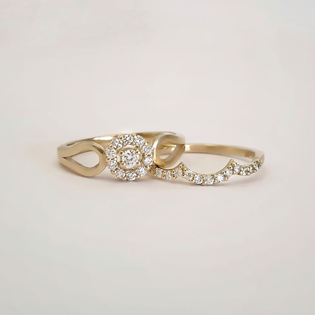 Yellow Gold Diamond Flower Cluster Engagement Ring With Diamond Accented Wedding Band Set