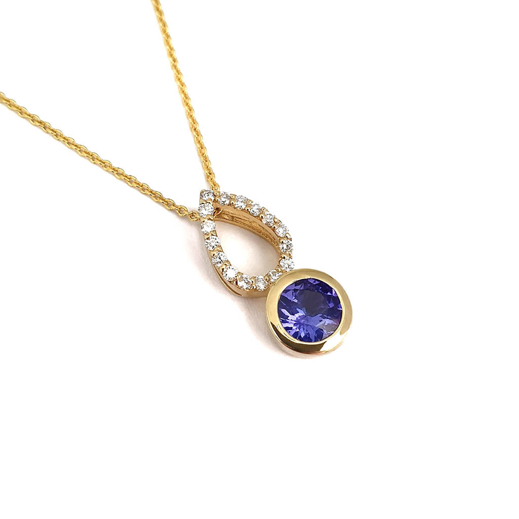 Yellow Gold Diamond Pave droplet and Tanzanite Pendant