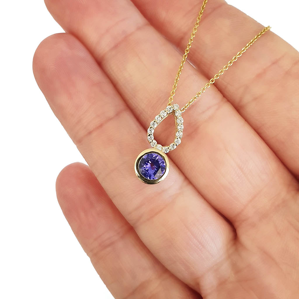 Yellow Gold Diamond Pave droplet and Tanzanite Pendant
