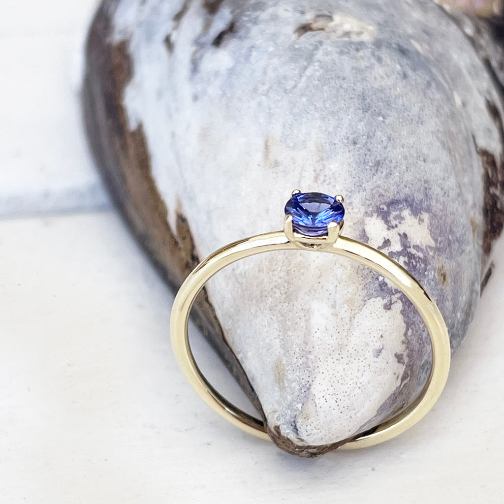 Yellow Gold Raised Four Claw Tanzanite Stacking Ring