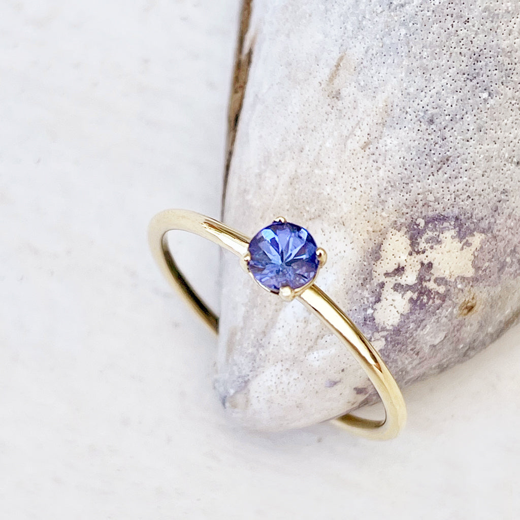 Yellow Gold Raised Four Claw Tanzanite Stacking Ring