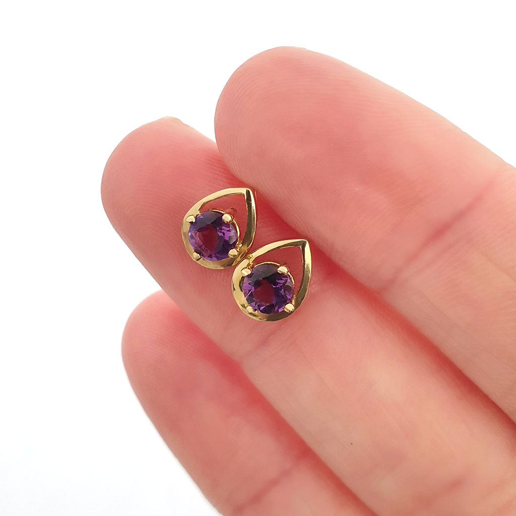 Rose Gold Round Cut Amethyst Gold Droplet Studs