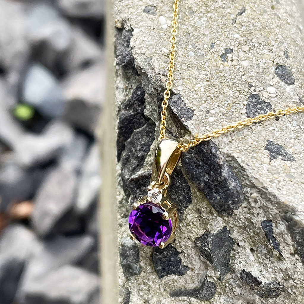 Yellow Gold Round Cut Amethyst with Diamond Accent Drop Pendant