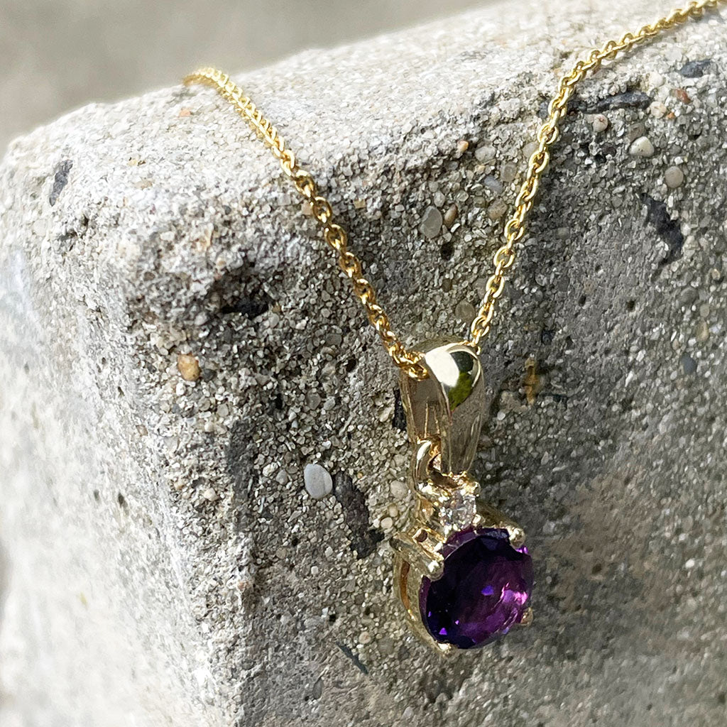 Yellow Gold Round Cut Amethyst with Diamond Accent Drop Pendant