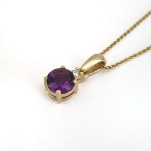 Yellow Gold Round Cut Amethyst with Diamond Accent Drop Pendant